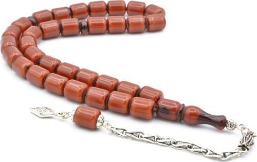 Gümüş Kaplama Sistemli Çubuk Malzeme Koyu Turuncu Sıkma Kehribar Tesbih