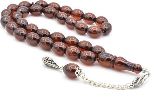 Gümüş Kaplama Sistemli Tombul Beyzi Kesim Kahverengi Sıkma Kehribar Tesbih Dev Boy