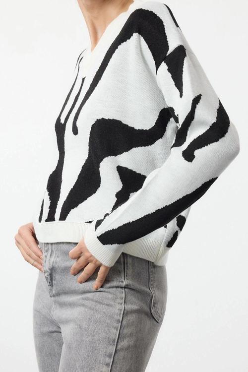 Stil Modern Kadın Regular Düşük Kol V Yaka Animal Desenli Triko Kazak