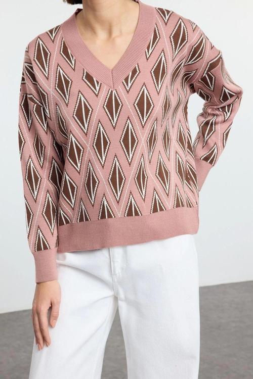 Stil Modern Kadın Regular Düşük Kol V Yaka Geometrik Desenli Triko Kazak