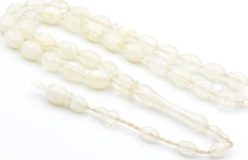 Erkek Beyaz Usta Işi Arpa Kesim Hareli Uçak Camı İri Boy Tesbih