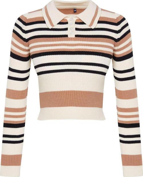 Stil Modern Kadın Crop Standart Kol Polo Yaka Çizgili Triko Kazak