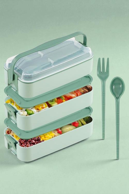 1260 ml 3 Katlı Kapaklı Çatal Bıçaklı Beslenme Kutusu Lunch Box Beslenme Kabı - Yeşil