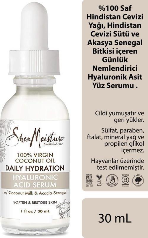 %100 Saf Hindistan Cevizi Yağlı Günlük Nemlendirici Hyaluronik Asit Yüz Serumu 30ML