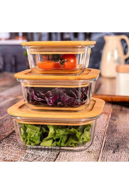 Bambu Kapaklı Vakumlu 3'lü Kare Cam Kase Saklama Kabı Seti