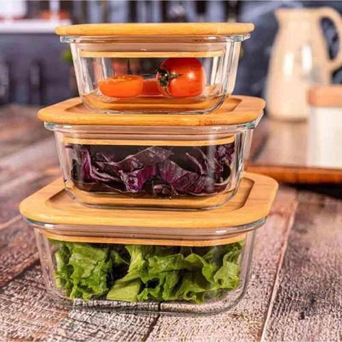 Bambu Kapaklı Vakumlu 3'lü Kare Cam Kase Saklama Kabı Seti