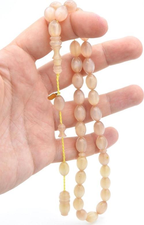 Hakkı Usta Imzalı Beyzi Kesim Simli Beyaz Sıkma Kehribar Tesbih