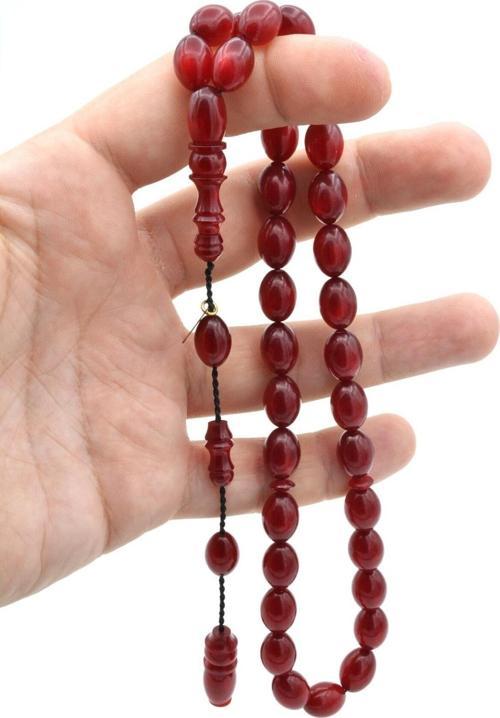 Hakkı Usta Imzalı Beyzi Kesim Simli Kırmızı Sıkma Kehribar Tesbih