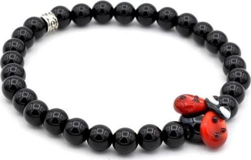 Murano Camı Uğur Böceği Tasarım Doğal Siyah Oniks Bileklik 002