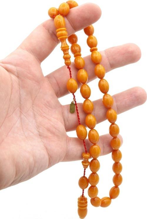 Hakkı Usta Imzalı Beyzi Kesim Zar Rengi Sıkma Kehribar Tesbih 002