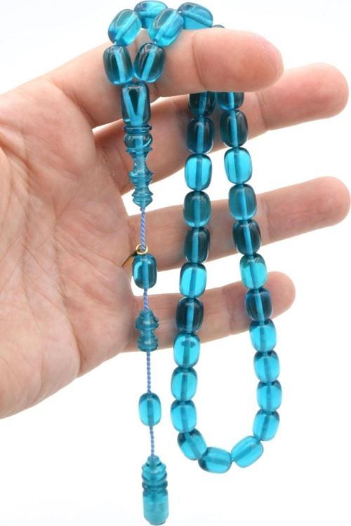 Hakkı Usta Imzalı Kapsül Kesim Mavi Sıkma Kehribar Tesbih