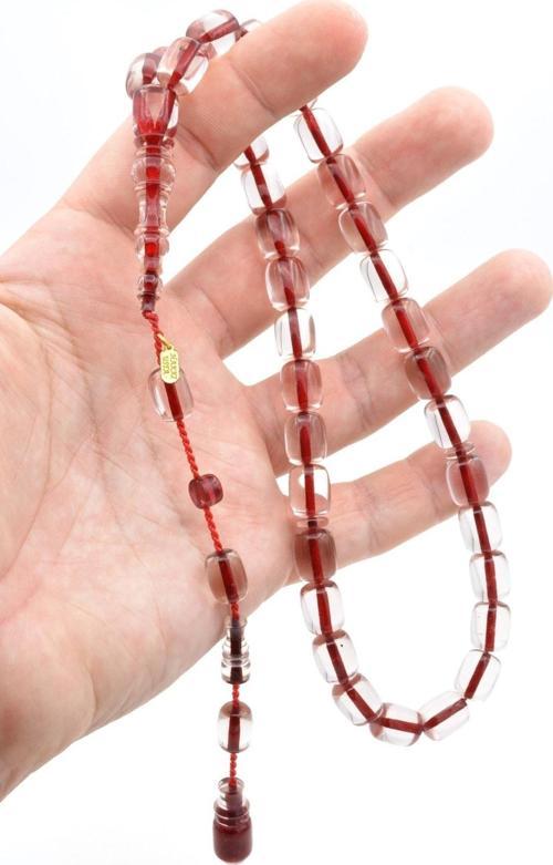 Hakkı Usta Imzalı Kapsül Kesim Şeffaf Kırmızı Sıkma Kehribar Tesbih