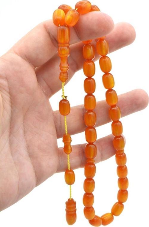 Hakkı Usta Imzalı Kapsül Kesim Simli Turuncu Sıkma Kehribar Tesbih