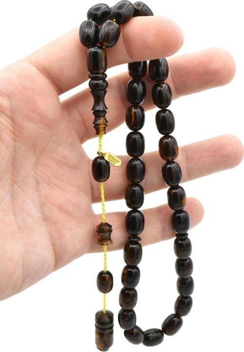 Hakkı Usta Imzalı Kapsül Kesim Siyah Sarı Sıkma Kehribar Tesbih