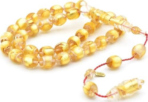 Hakkı Usta Imzalı Tombul Beyzi Kesim Has Altın Parçalı Sıkma Kehribar Tesbih