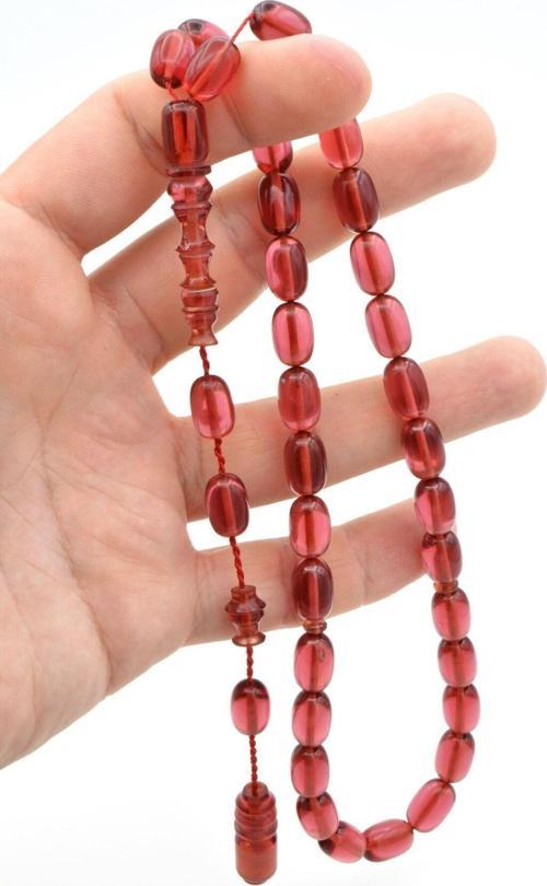 Usta İşçilikli Sistemli Kapsül Kesim Koyu Pembe Sıkma Kehribar Tesbih