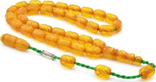 Şükrü Baba Imzalı Kalem Işçilikli Sarı Sıkma Kehribar Tesbih 002