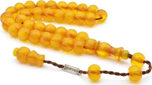 Şükrü Baba Imzalı Kalem Işçilikli Sarı Sıkma Kehribar Tesbih 010