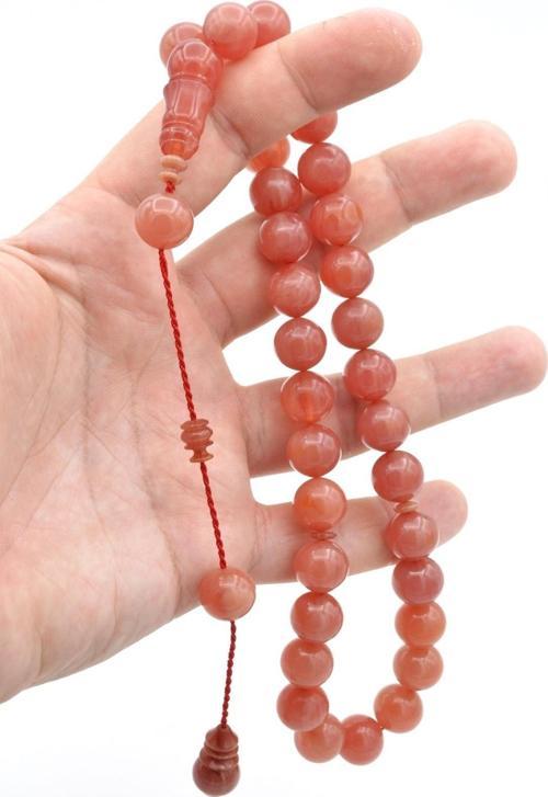 Usta Işi Küre Kesim Damarlı Açık Kırmızı Sıkma Kehribar Tesbih