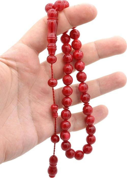 Usta Işi Küre Kesim Damarlı Kırmızı Sıkma Kehribar Tesbih