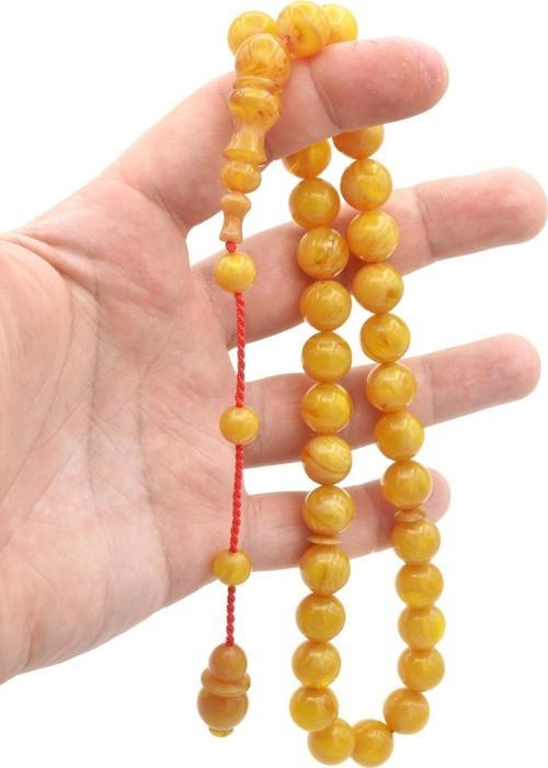 Usta Işi Küre Kesim Damarlı Sarı Sıkma Kehribar Tesbih