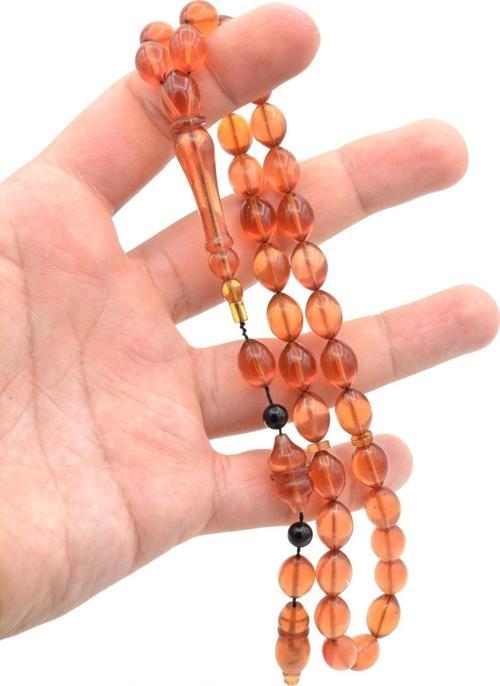 Usta İşi Sistemli Tombul Beyzi Kesim Açık Turuncu Sıkma Kehribar Tesbih 158