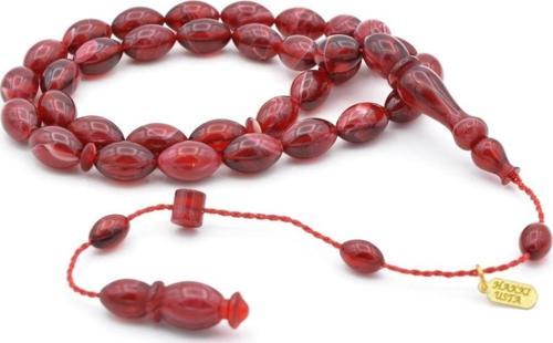 Hakkı Usta Imzalı Beyzi Kesim Kırmızı Sıkma Kehribar Tesbih