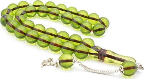 Kokulu İri Boy Küre Kesim Yeşil Toz Kehribar Tesbih 14 Mm