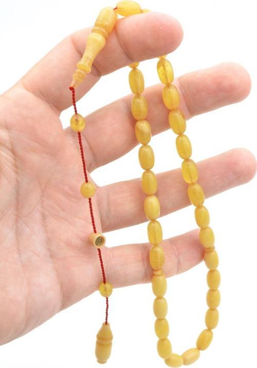 Şevket Buğurca İmzalı Arpa Kesim Sarı Sıkma Kehribar Tesbih