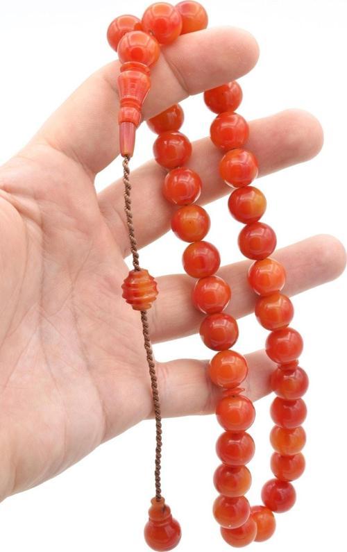 Usta Işi Sistemli Küre Kesim Iri Boy Turuncu Sıkma Kehribar Tesbih