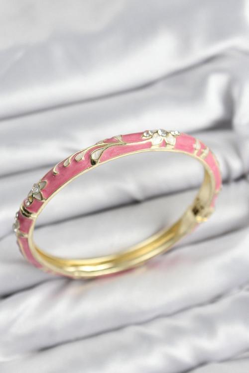 Mineli Pirinç Zirkon Taşlı Pembe Çiçek Motifli Gold Kadın Kelepçe
