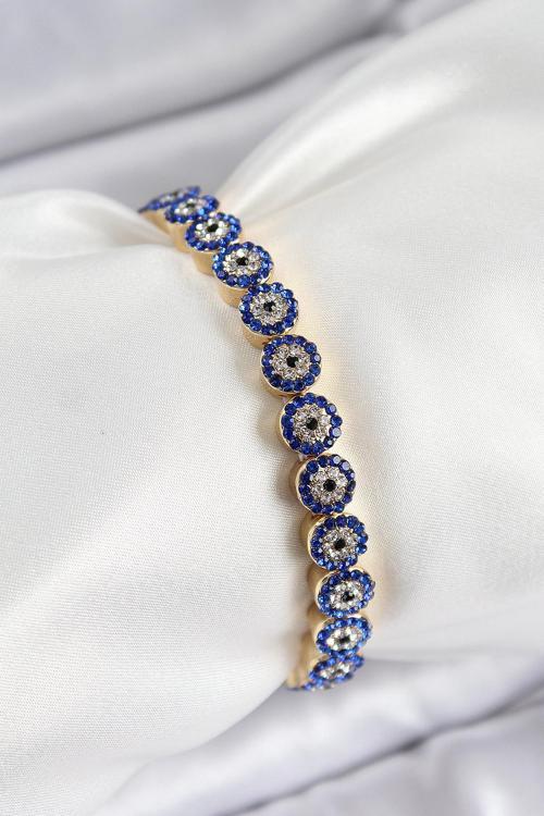 Pirinç Zirkon Taşlı Lacivert Nazar Model Gold Renk Lastikli Kadın Bileklik