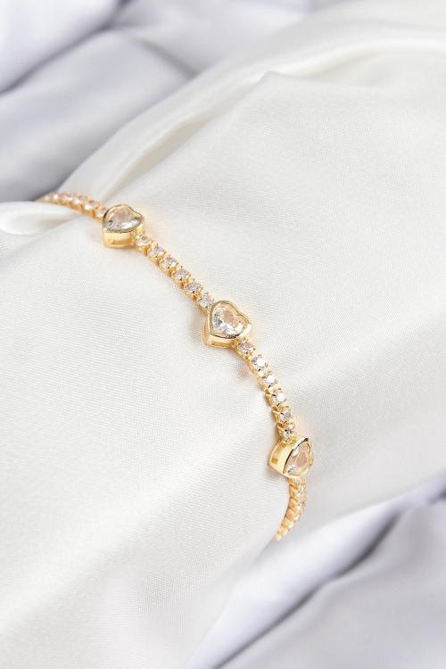 Pirinç Zirkon Taşlı Sıralı Kalp Model Gold Renk Kadın Bileklik