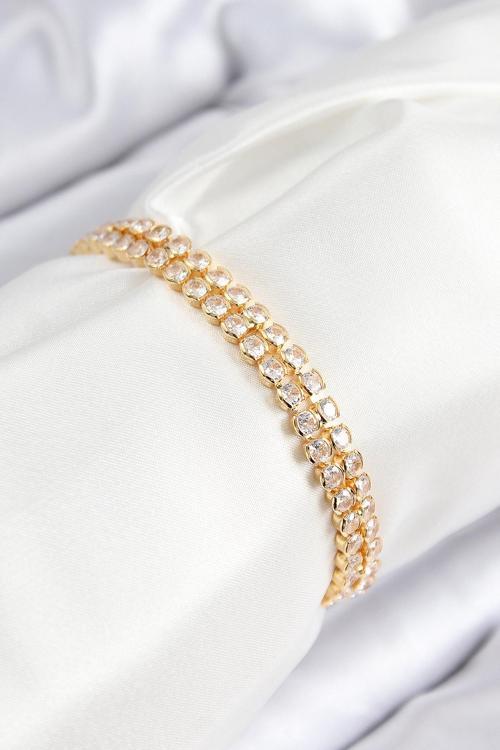 Pirinç Zirkon Taşlı Çift Sıra Model Gold Renk Asansörlü Kadın Bileklik