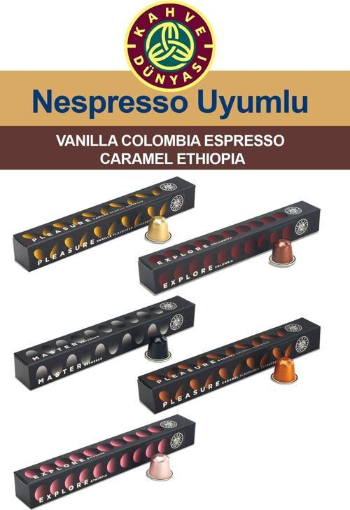 Nespresso 5 Çeşit Kapsül Kahve Tadım Seti Vanilya Colombia Espresso Karamel Etiyopya 5X10