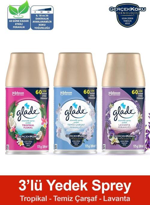 Oda Kokusu Yedek Sprey Tropikal Floral, Temiz Çarşaf Ferahlığı, Lavanta Ferahlığı 3 X 269 Ml./175Gr.
