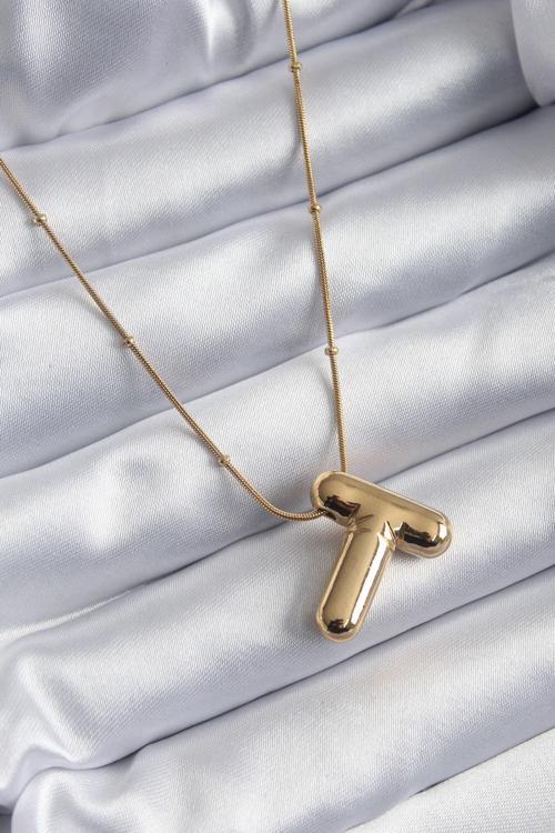 316L Çelik Gold Renk Bubble  T  Harf Model Kadın Kolye
