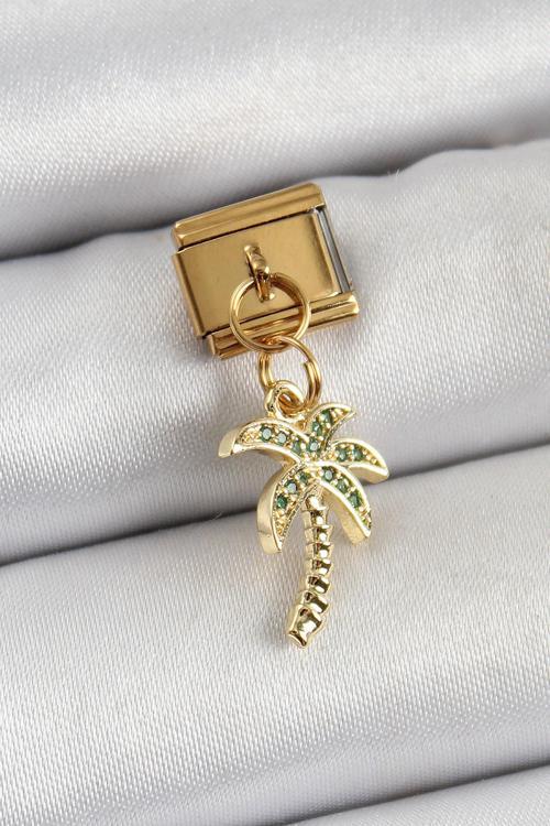 316L Çelik Sallantılı Zirkon Taşlı Palmiye Ağacı Model Gold Renk Nomination Charm
