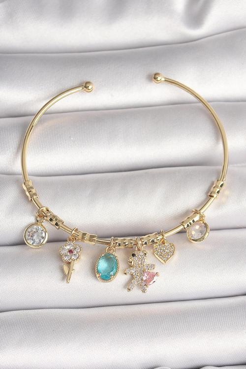 Pirinç Gold Renk Sallantı Zirkon Taşlı AYıcık Figür Kalp Detay Charm Kadın Bileklik