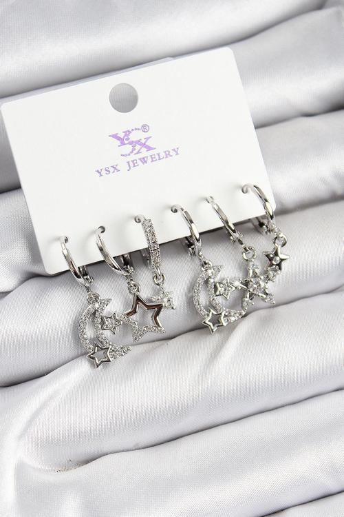 Pirinç Zİrkon Taşlı Ay ve Yıldız Model Gümüş Renk 3 lü Çift Kadın Küpe