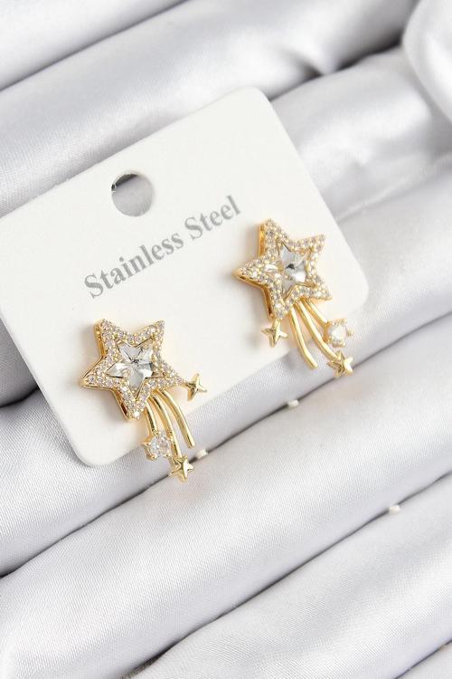 316L Çelik Zirkon Taşlı Kayan Yıldız Model Gold Renk Kadın Küpe