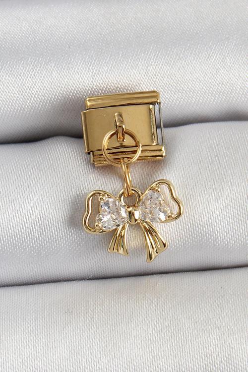 316L Çelik Sallantılı Zirkon Taşlı Fiyonk Model Gold Renk Nomination Charm