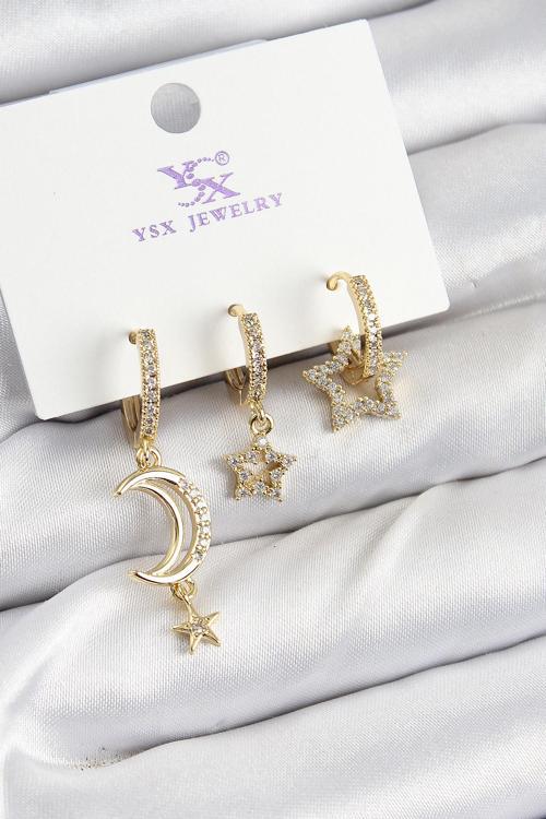 Pirinç Zİrkon Taşlı Ay Ve Hilal Model Gold Renk 3 lü Kadın Küpe