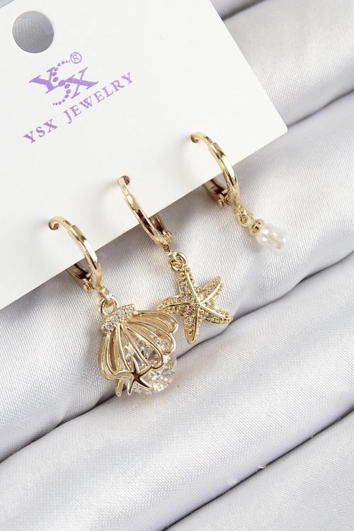 Pirinç Zirkon Taşlı 3 lü İstiridye Ve Yıldız Model Gold Renk Kadın Küpe