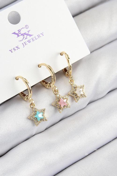 Pirinç Zirkon Taşlı 3 lü Renkli Yıldız Model Gold Renk Kadın Küpe