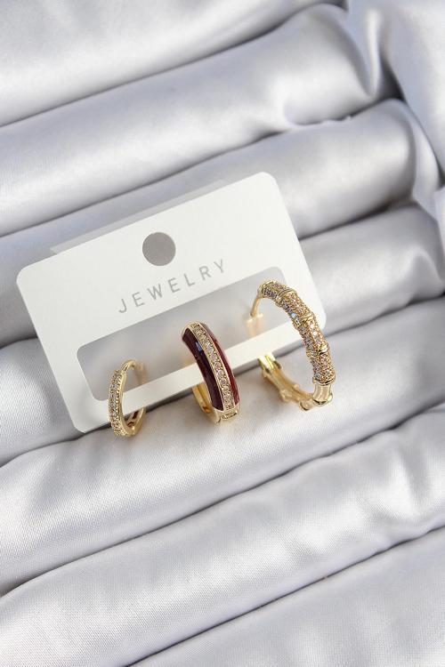 Pirinç Zirkon Taşlı Bordo Halka Model Gold Renk 3 lü Çift Kadın Küpe Set
