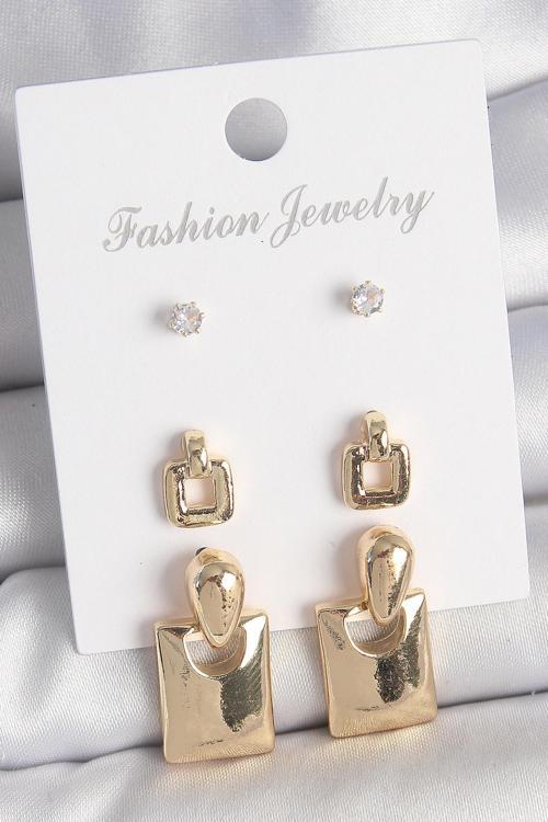 Pirinç Gold Renk Zirkon Taşlı Sallantılı Kare Model 3 Çift Kadın Küpe Seti