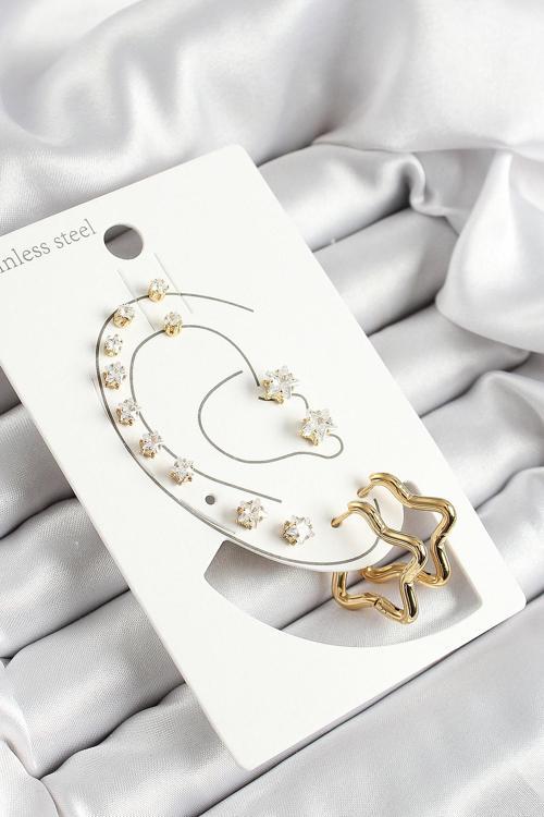 316L Çelik Yıldız Figürlü Ve Zirkon Taşlı Gold Renk 7 li Çift Kadın Küpe Set