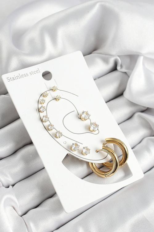 316L Çelik Halka Figürlü Ve Zirkon Taşlı Gold Renk 7 li Çift Kadın Küpe Set