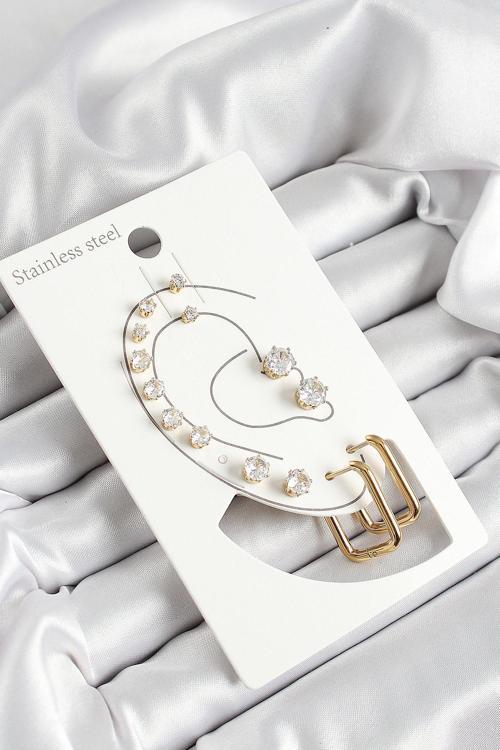 316L Çelik Dikdörtgen Figürlü Ve Zirkon Taşlı Gold Renk 7 li Çift Kadın Küpe Set